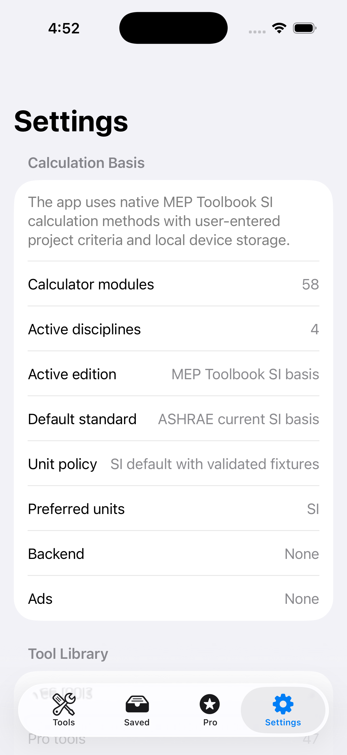 MEP Toolbook settings and standards profile screen on iPhone